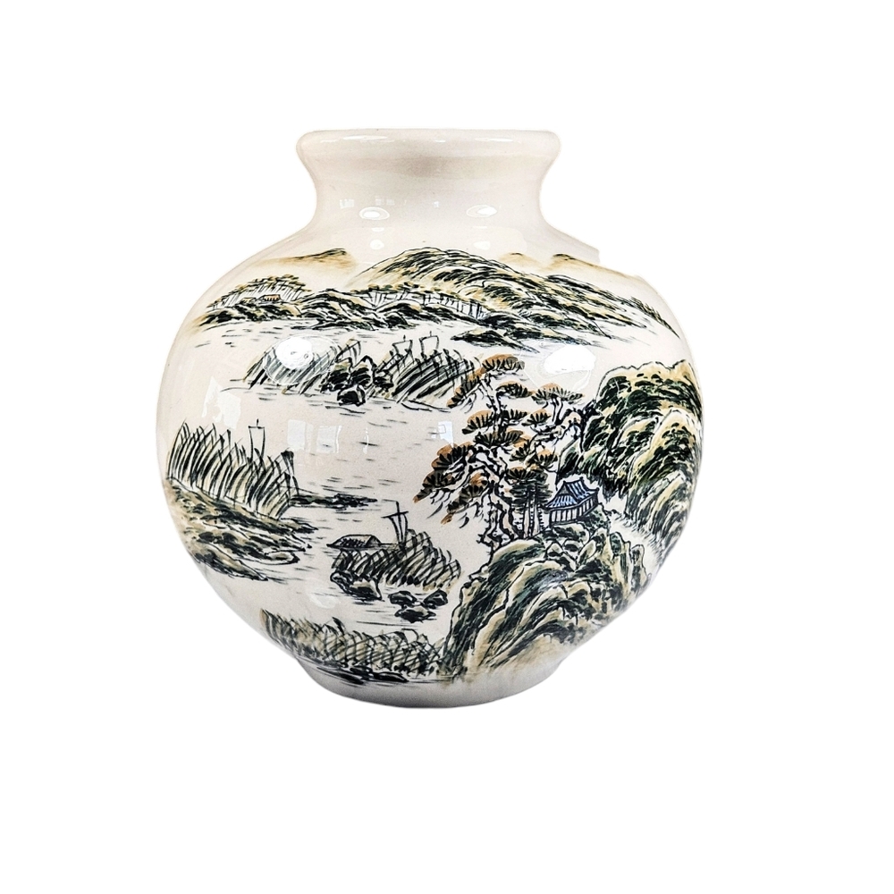 Vintage Chinese Chinoiserie Hand Painted Landscape Vase